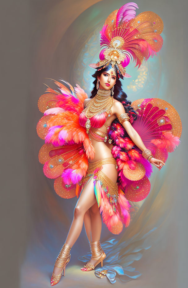 Colorful Carnival Costume Featuring Woman in Feathers