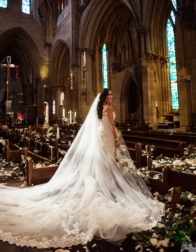 Bride in lace gown and veil in church aisle with petals and stained glass