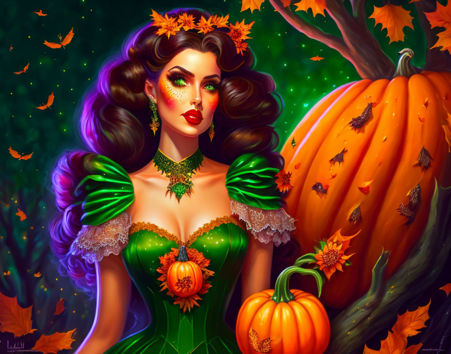 Illustrated woman with dark hair surrounded by autumn elements like pumpkins and leaves.