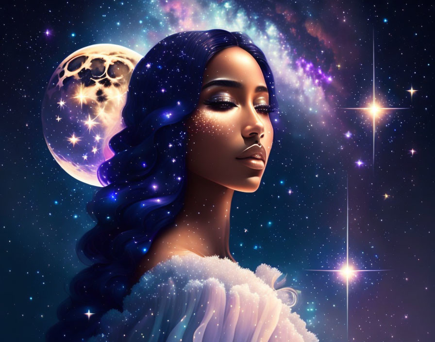 Illustrated portrait of a woman with cosmic-themed hair and background