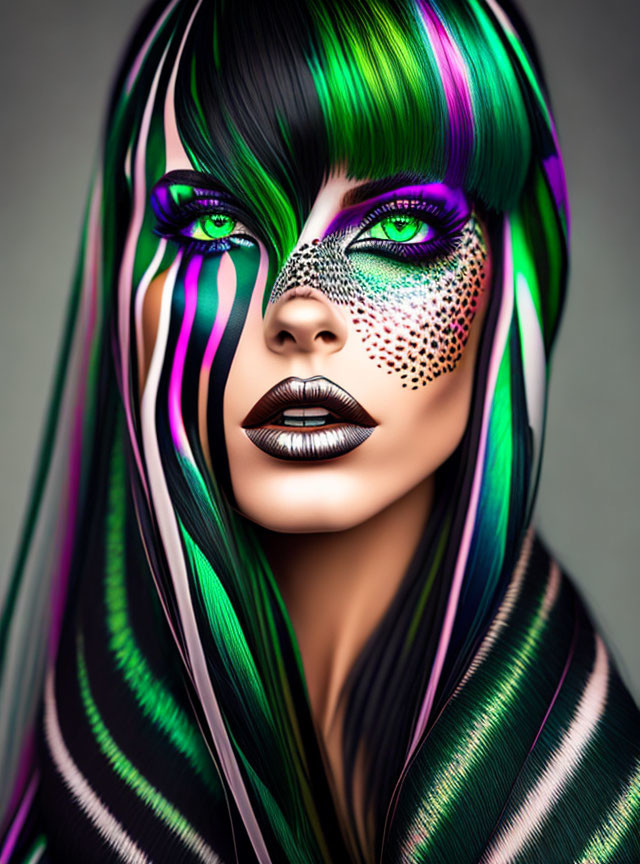 Colorful Portrait of Woman with Multicolored Hair and Animal Print Makeup