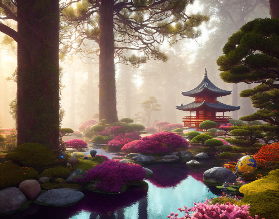 Tranquil Japanese garden with pink flora, moss-covered rocks, blue pond, pagoda, mist