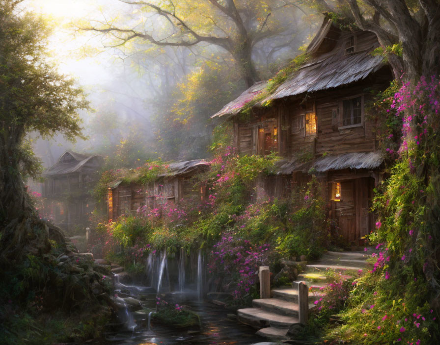 Enchanting fairytale cottage by waterfall and blossoming trees