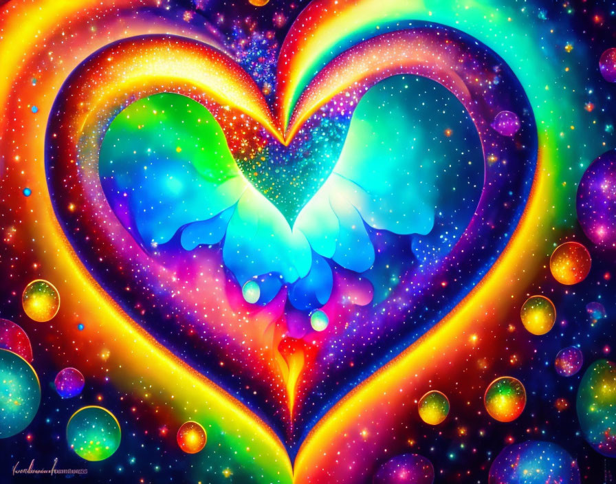 Colorful Heart-Shaped Galaxy Art with Dove and Cosmic Elements