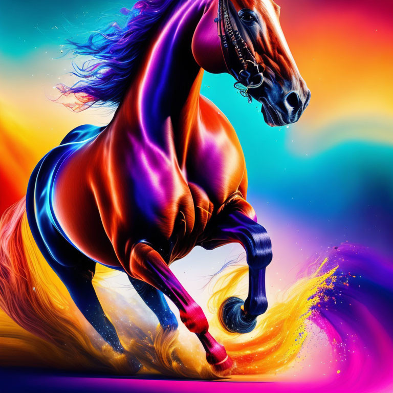 Colorful digital artwork: Majestic horse with multicolored coat galloping against abstract backdrop