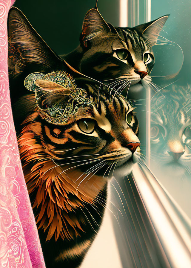 Three cats with ornate headset by window with pink curtain