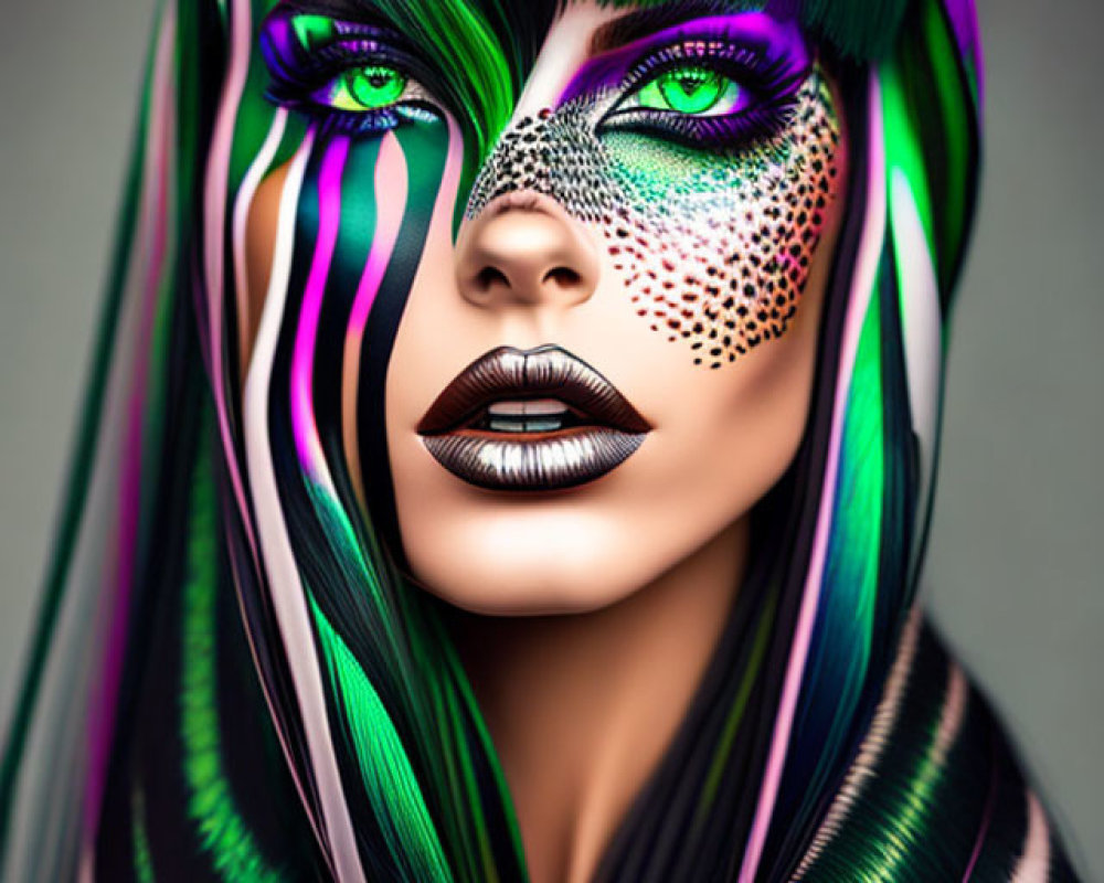 Colorful Portrait of Woman with Multicolored Hair and Animal Print Makeup