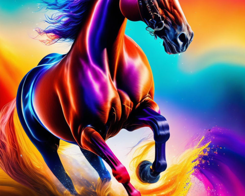 Colorful digital artwork: Majestic horse with multicolored coat galloping against abstract backdrop