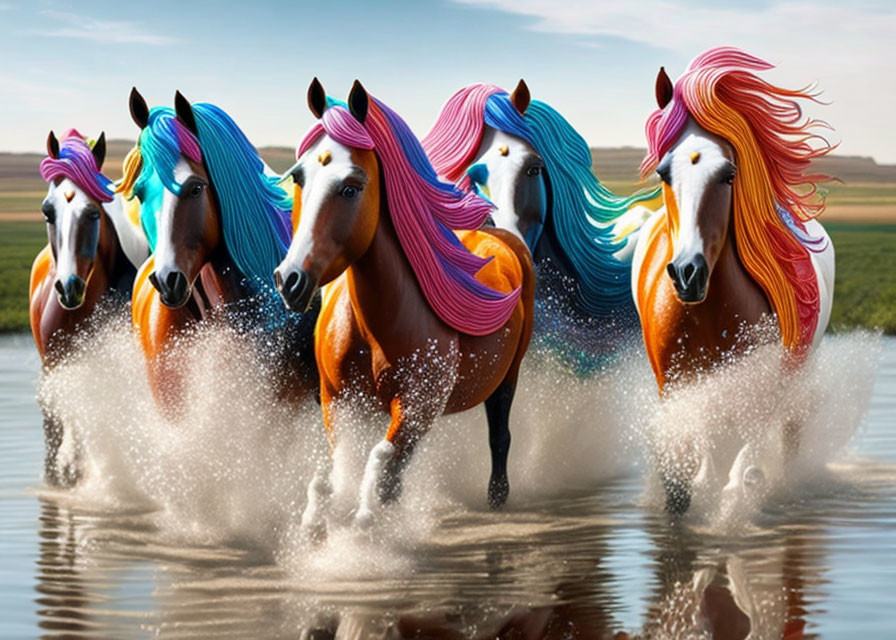 Five Majestic Horses with Dyed Manes Gallop in Shallow Water