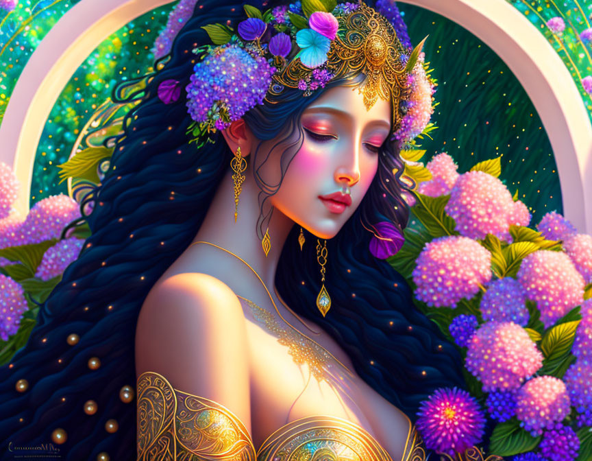 Detailed illustration of woman with dark hair and floral jewelry on vibrant backdrop.