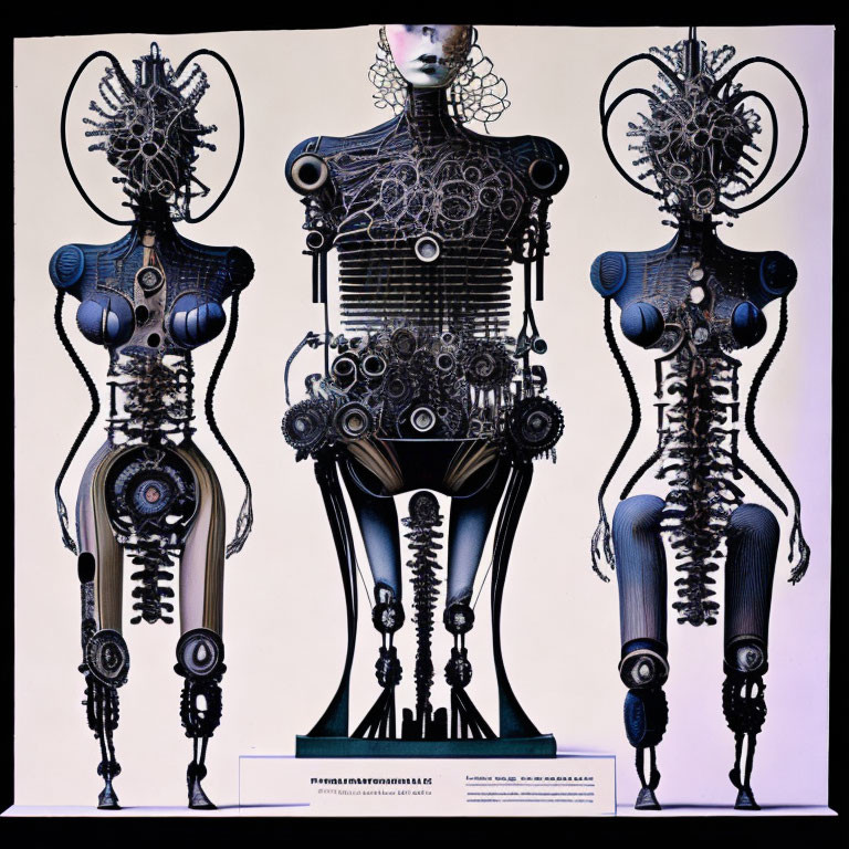 Detailed humanoid figures with mechanical and biological components on plain background