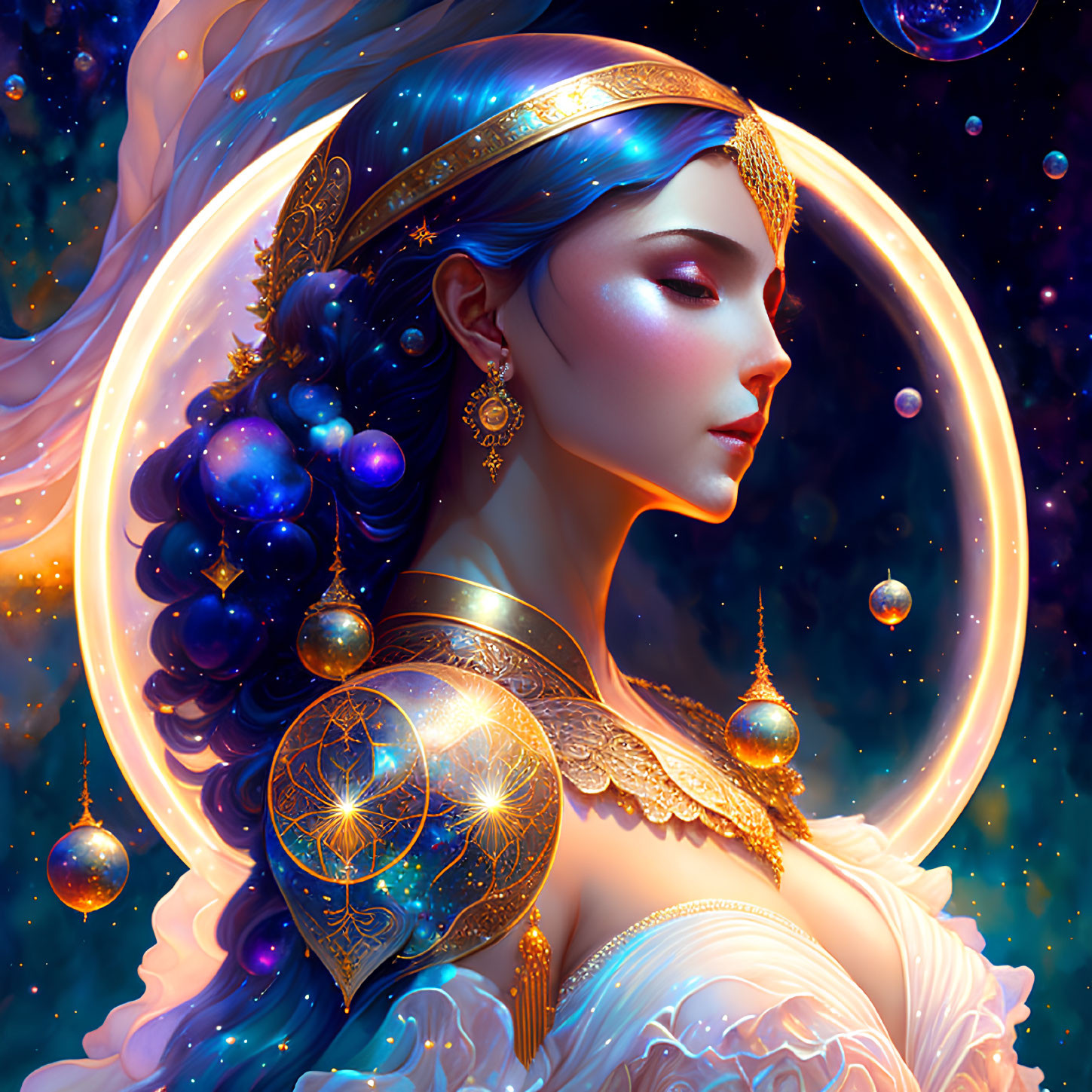 Ethereal illustration of woman with blue hair, celestial jewelry, glowing halo surrounded by stars and planets