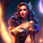 Stylized digital illustration of vintage pin-up woman with celestial backdrop