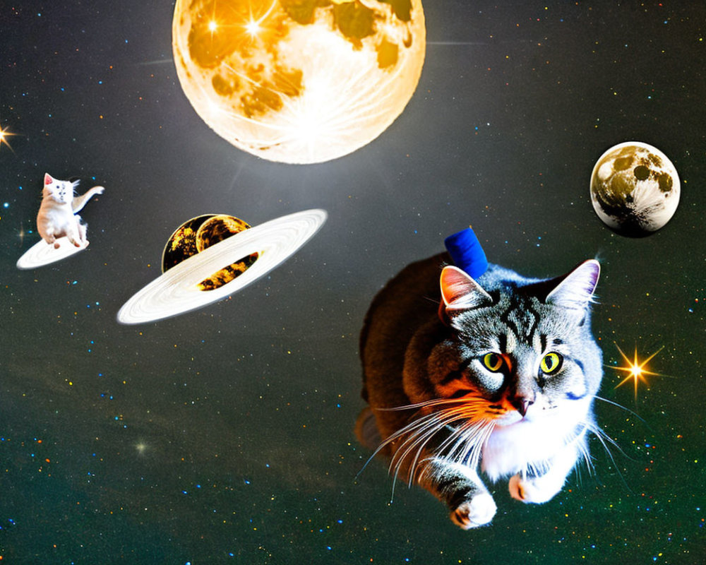 Whimsical space scene with large cat and flying saucer among planets and stars