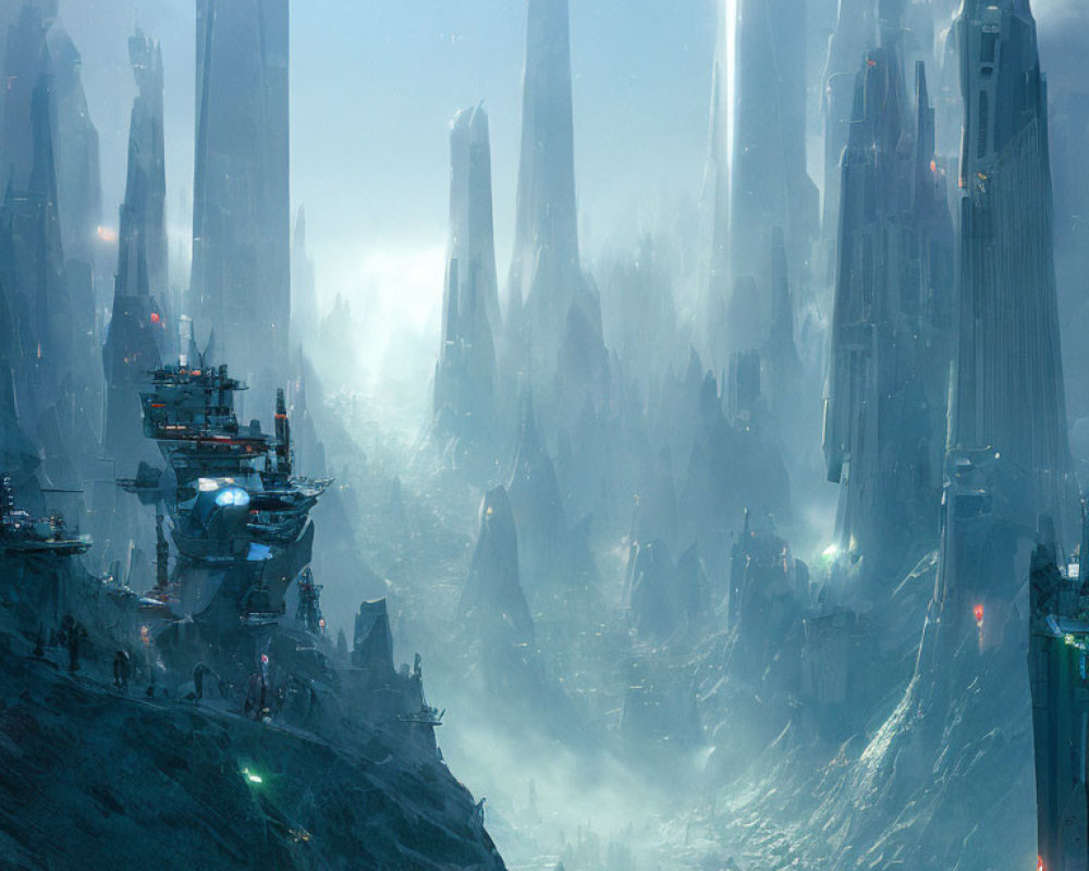 Futuristic cityscape with towering spires and flying vessels amid misty rock formations