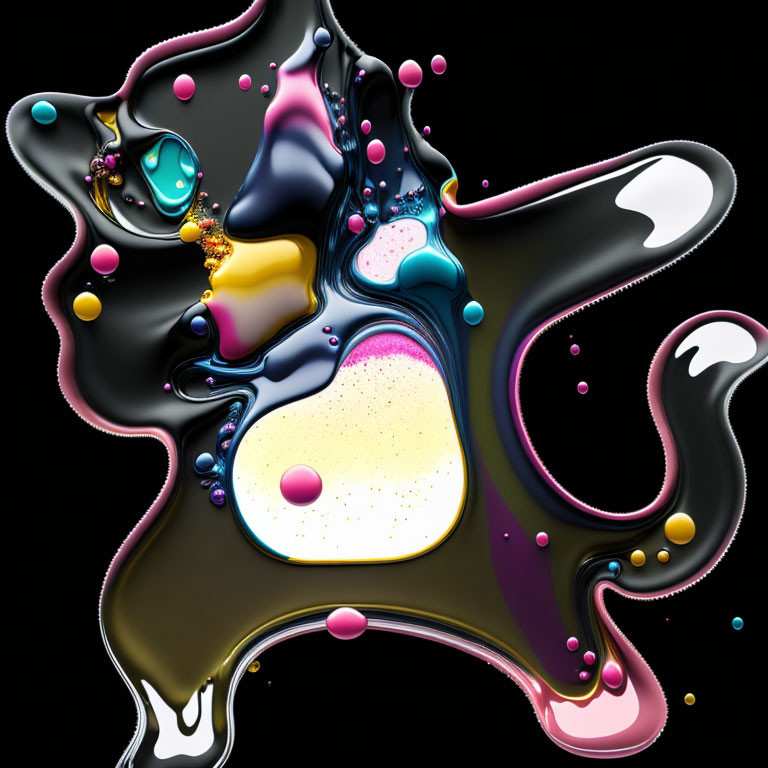 Colorful liquid swirls with floating droplets on dark background