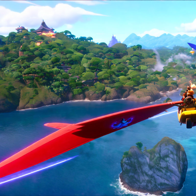 Colorful animated characters flying on red plane over lush island scenery