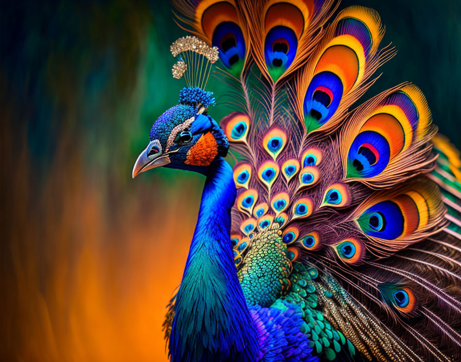 Colorful peacock showcasing iridescent blue and green tail feathers