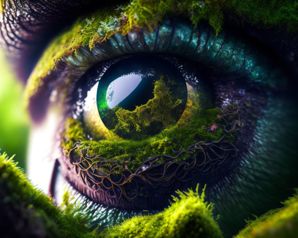 Macro Photography: Hyper-realistic eye with green moss, roots, and reflected landscape.