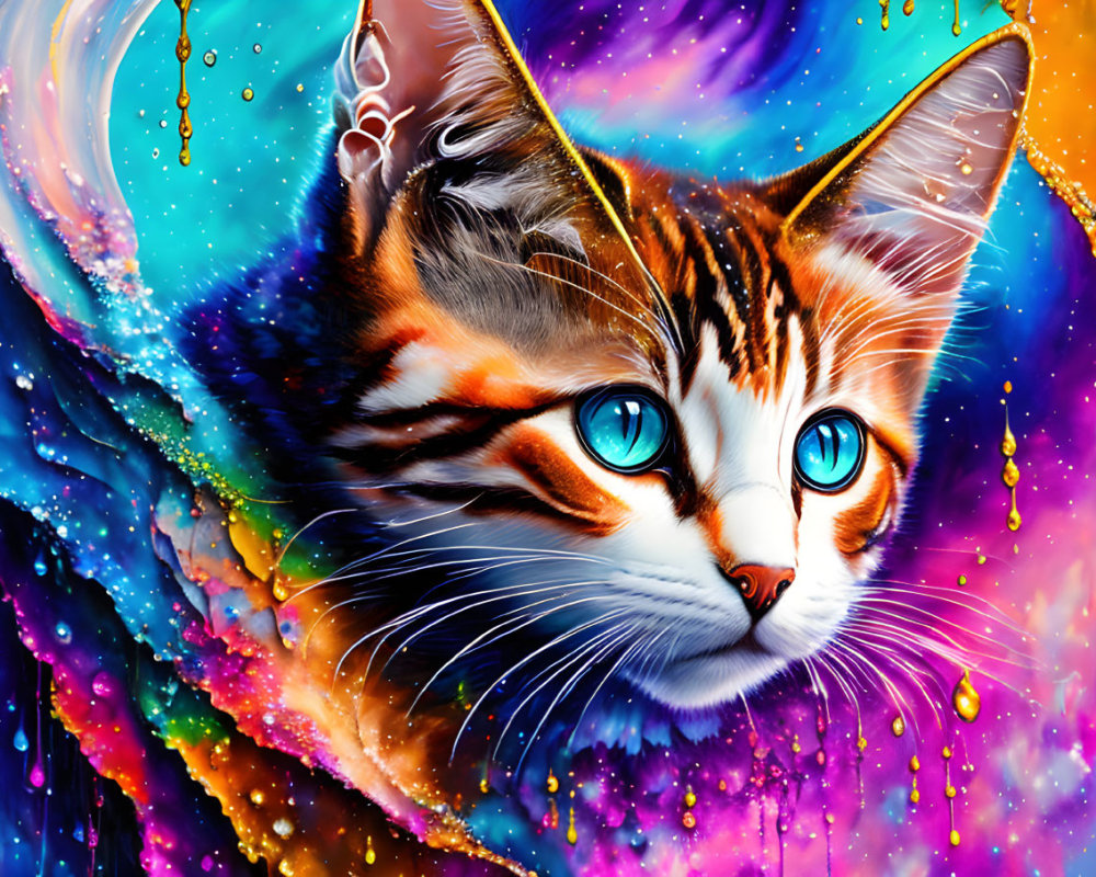 Colorful Digital Artwork: Cat with Blue Eyes in Psychedelic Background