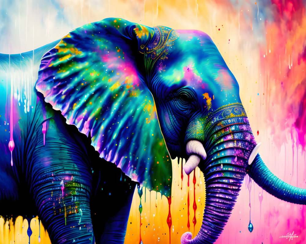 Colorful Elephant Artwork with Cosmic Starry Texture