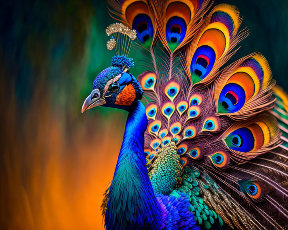 Colorful peacock showcasing iridescent blue and green tail feathers