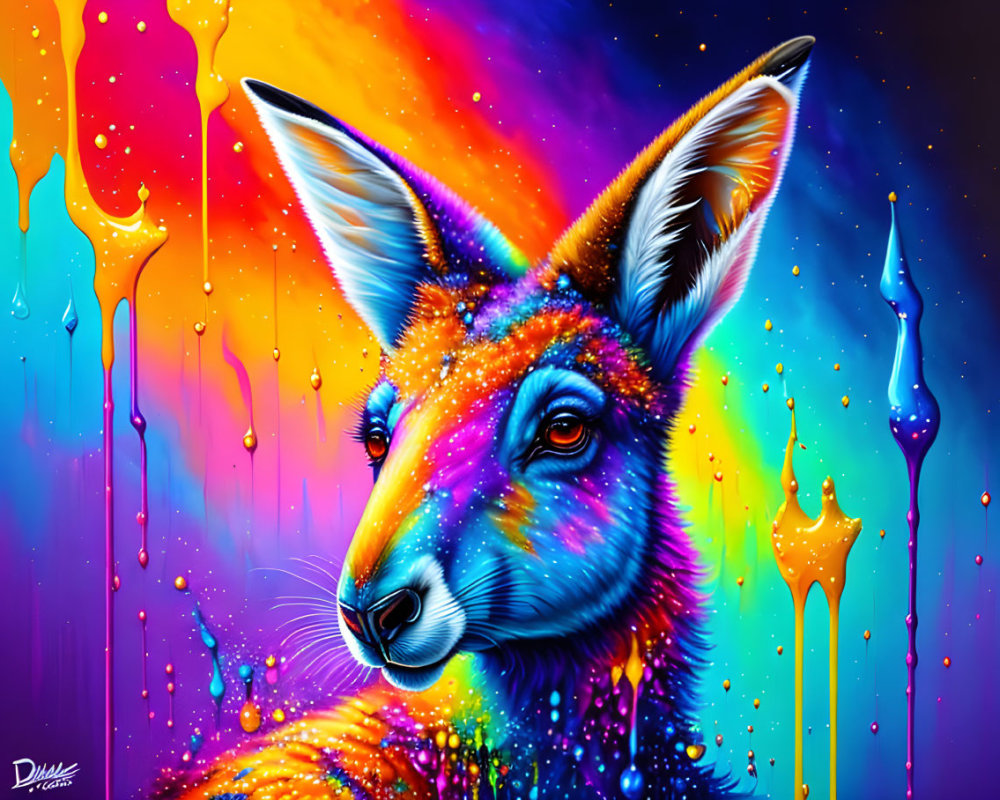 Colorful Digital Art: Kaleidoscopic Kangaroo on Cosmic Background