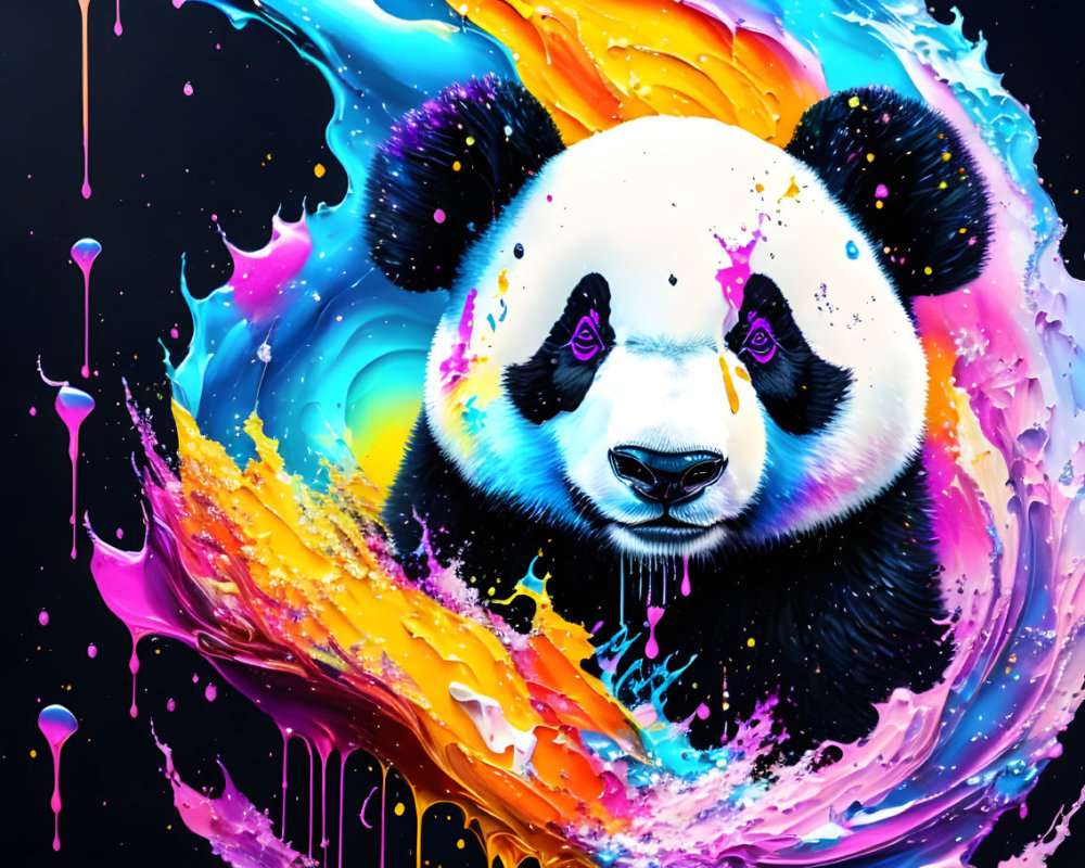 Colorful Panda Artwork with Blue, Orange, and Pink Swirls