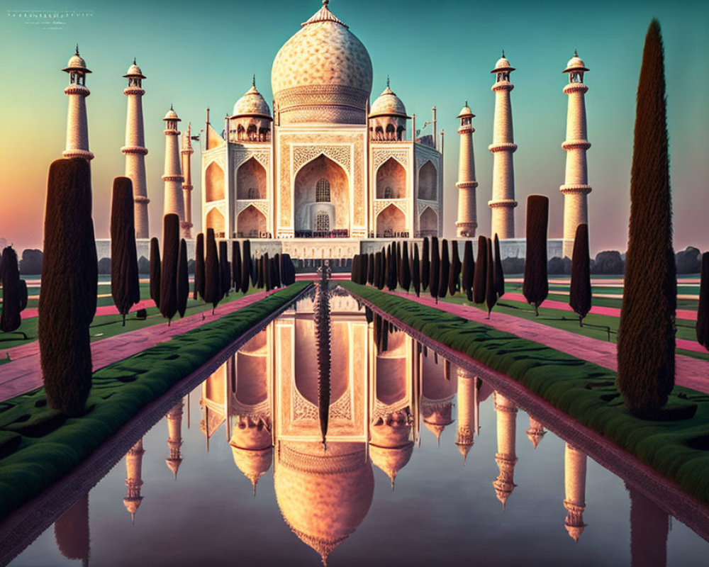 Iconic Taj Mahal Sunset Reflection with Cypress Trees & Vibrant Skies