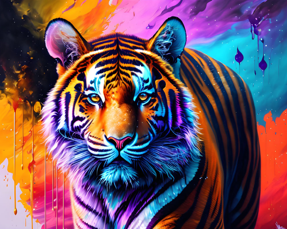 Colorful Tiger Digital Art with Vibrant Background Blend