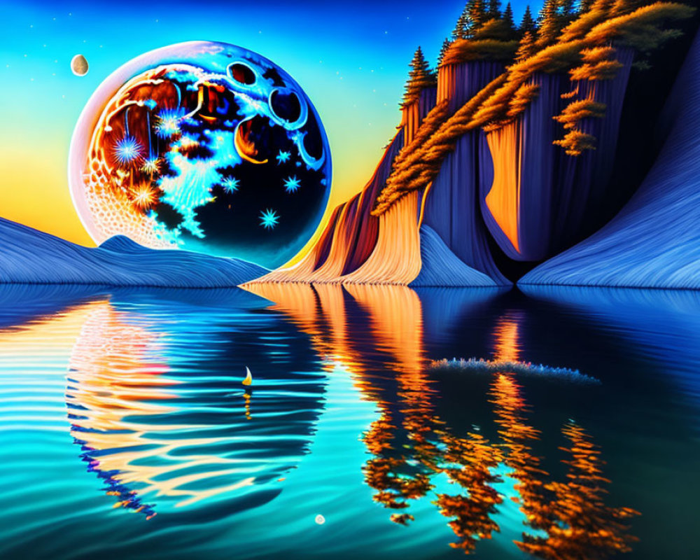 Surreal landscape digital artwork with moon, stars, cliffs, and water