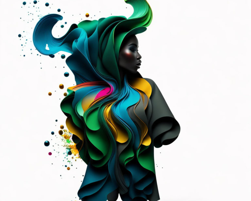 Colorful flowing hair design of a woman in vibrant hues