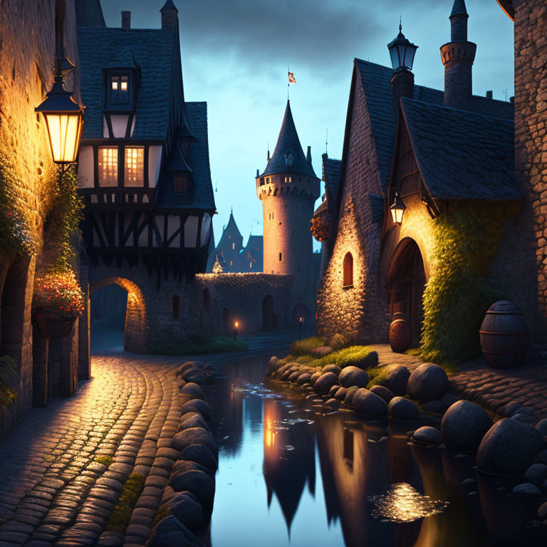 Medieval cobblestone street with half-timbered houses, stone bridge, castle gate,