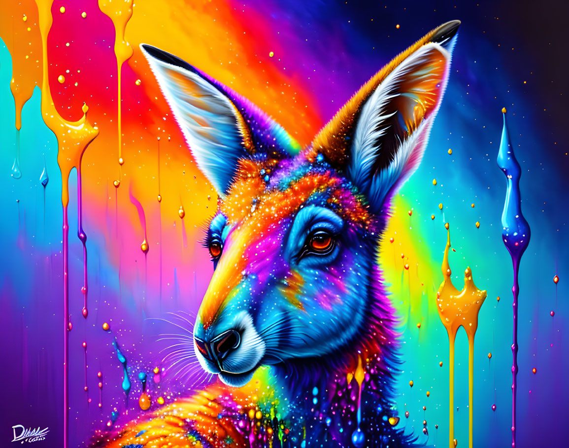 Colorful Digital Art: Kaleidoscopic Kangaroo on Cosmic Background