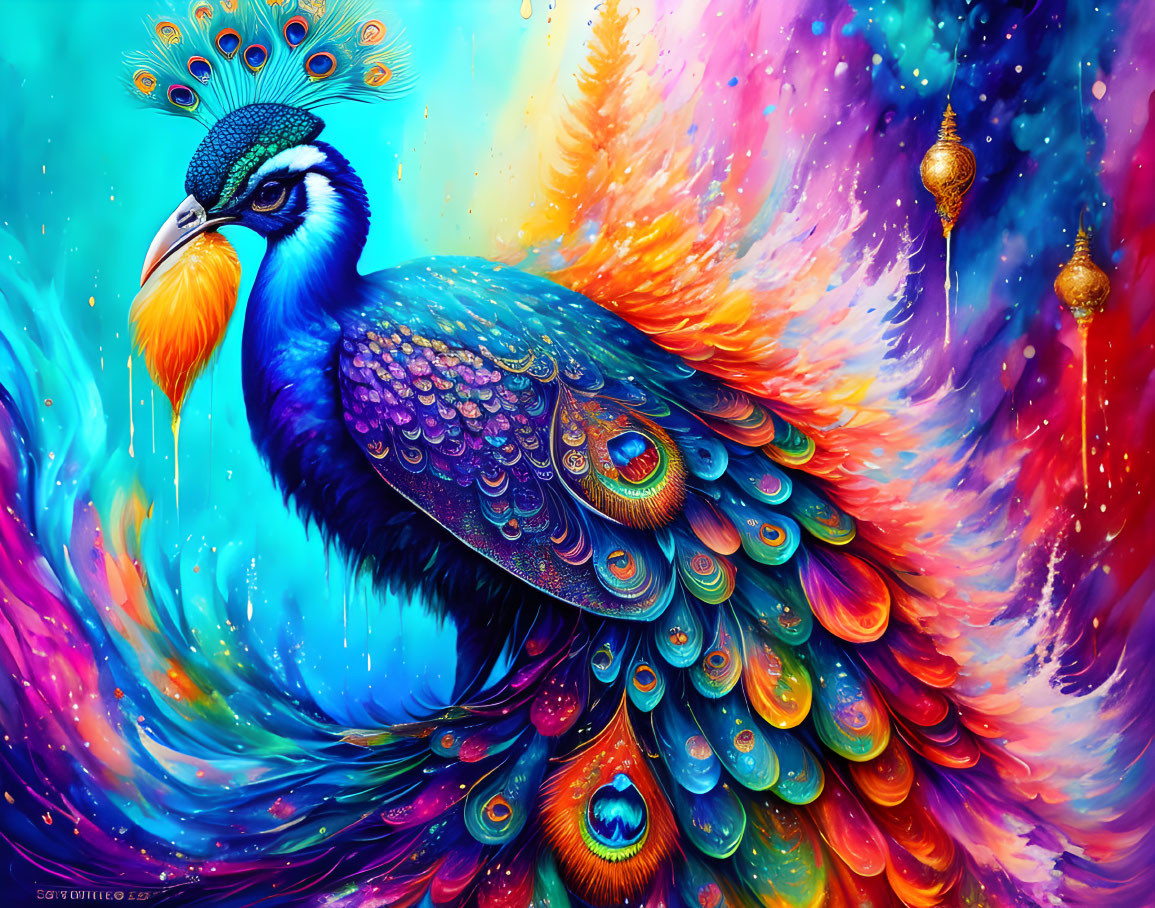 Colorful Peacock Artwork with Vibrant Rainbow Feathers