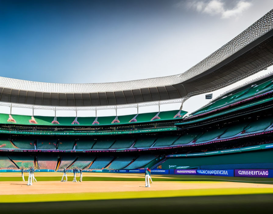 Deserted baseball stadium with green seats and players under clear sky
