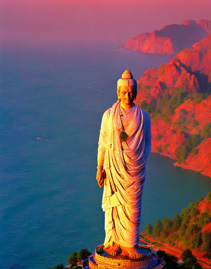 Golden-lit sunset statue on rugged coastline with pink sky