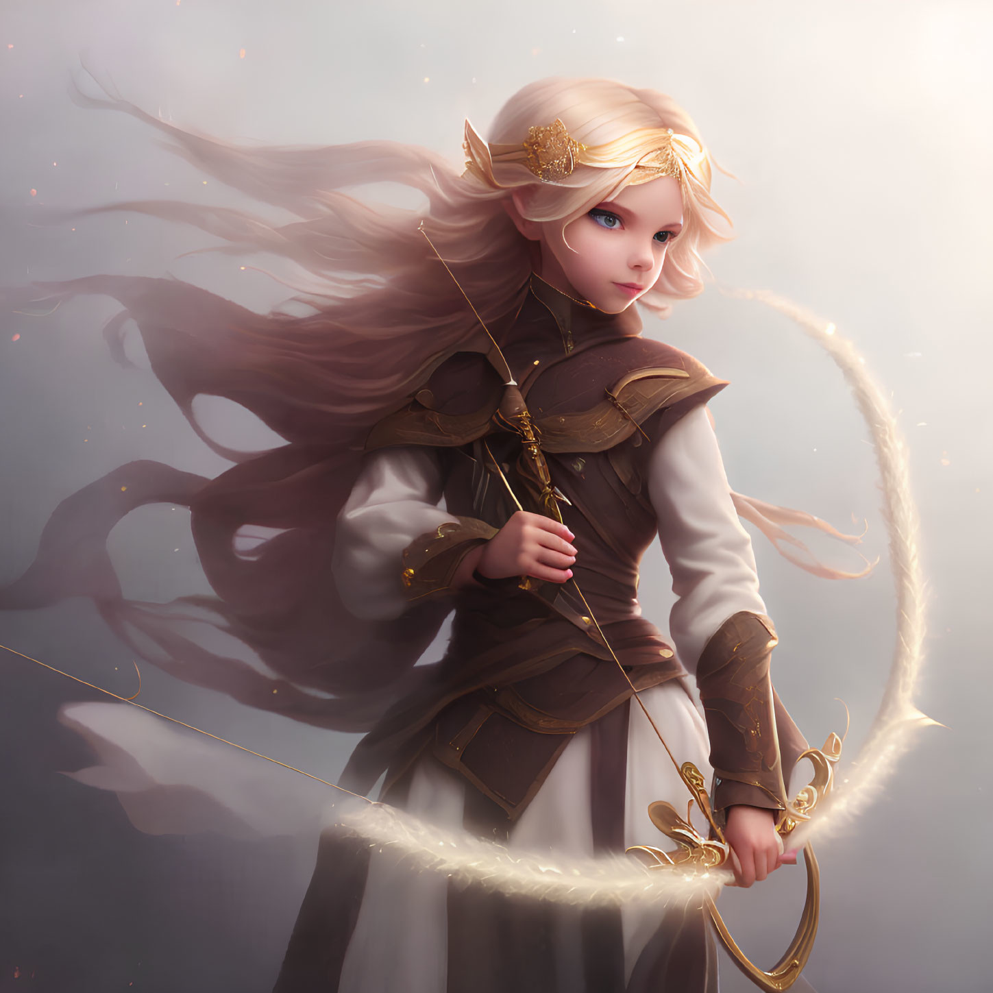Elven archer in golden armor with glowing bow in ethereal mist