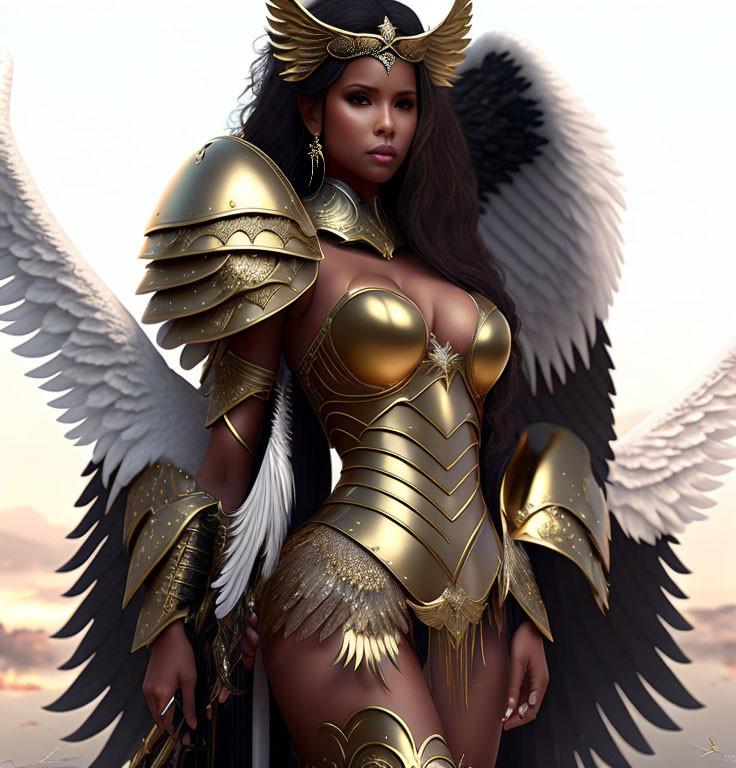 Digital artwork of woman with angelic wings and golden armor in twilight sky