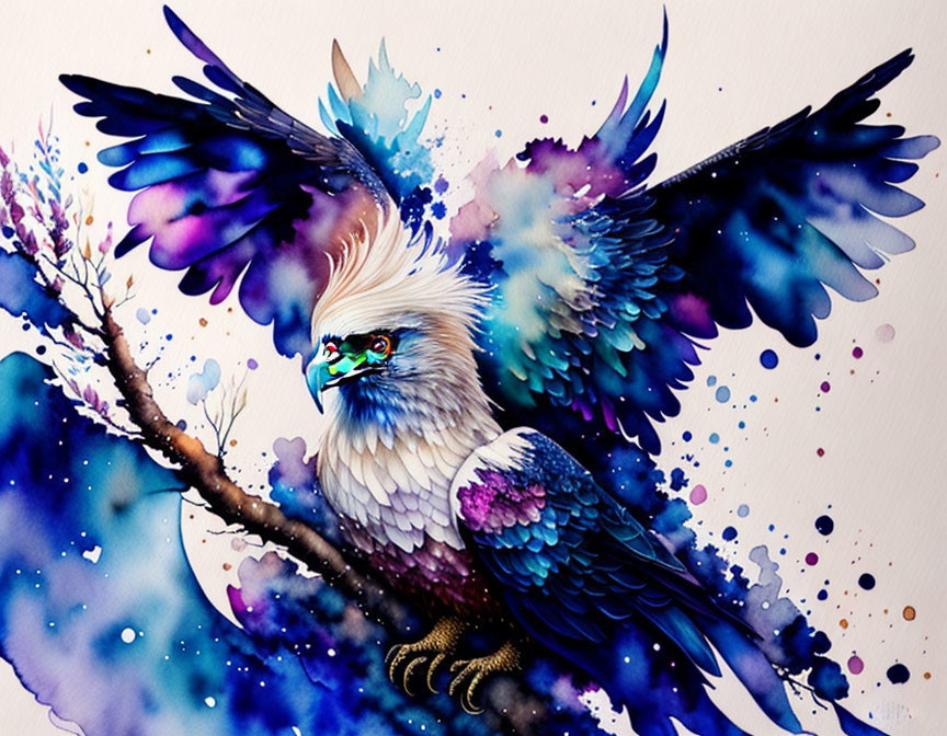 Colorful Watercolor Illustration of Eagle in Flight with Abstract Blue and Purple Tones