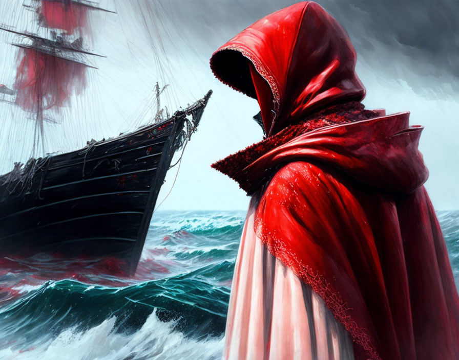 Mysterious cloaked figure in red by tumultuous sea with tall ship.