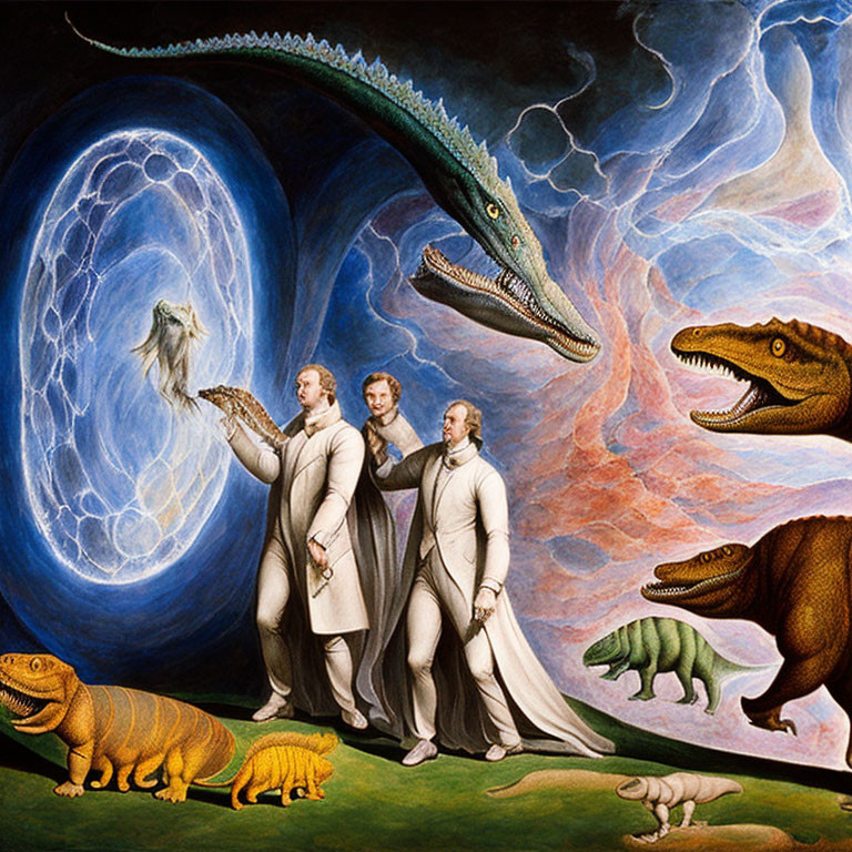 Surreal painting of classical figures with dinosaurs in cosmic setting