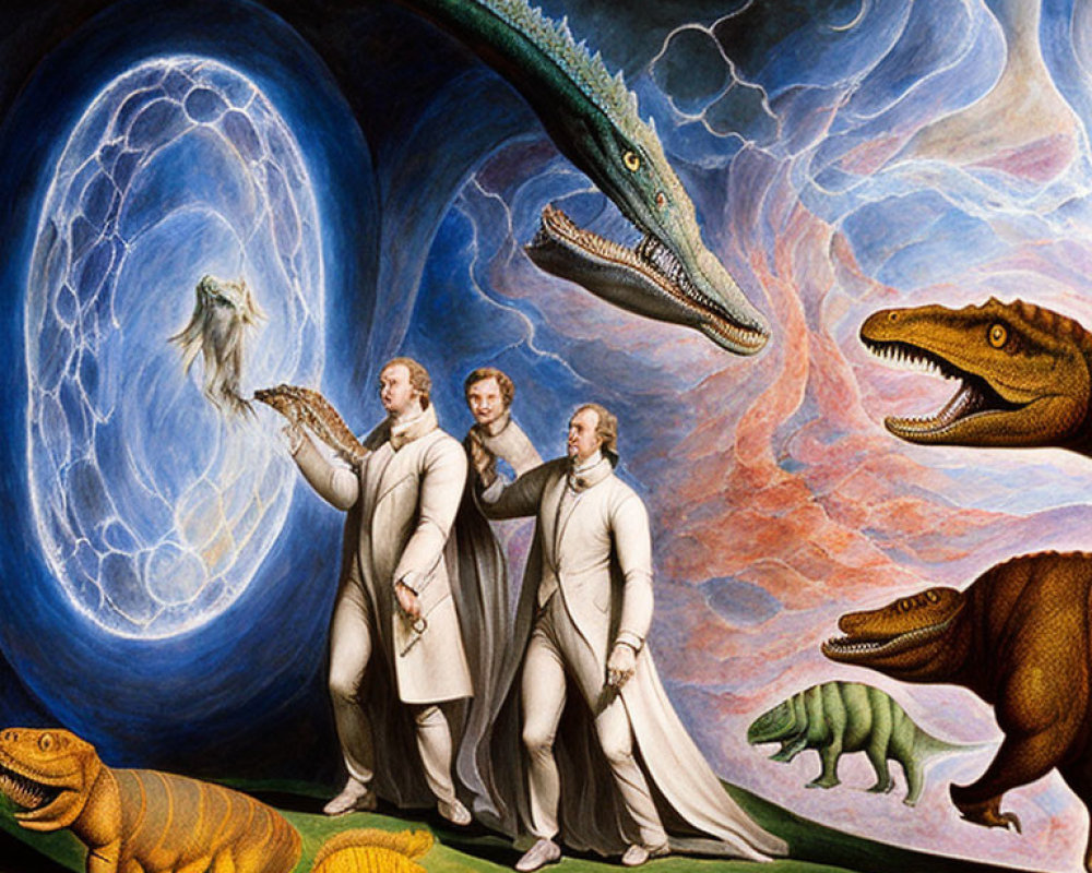 Surreal painting of classical figures with dinosaurs in cosmic setting