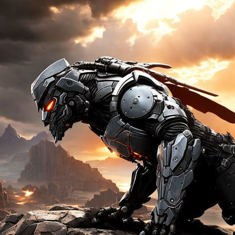 Metallic Robotic Panther with Red Eyes on Rocky Terrain at Dramatic Sunset