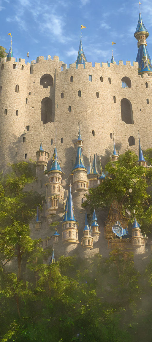 Towering fairytale castle with blue spired turrets in lush greenery