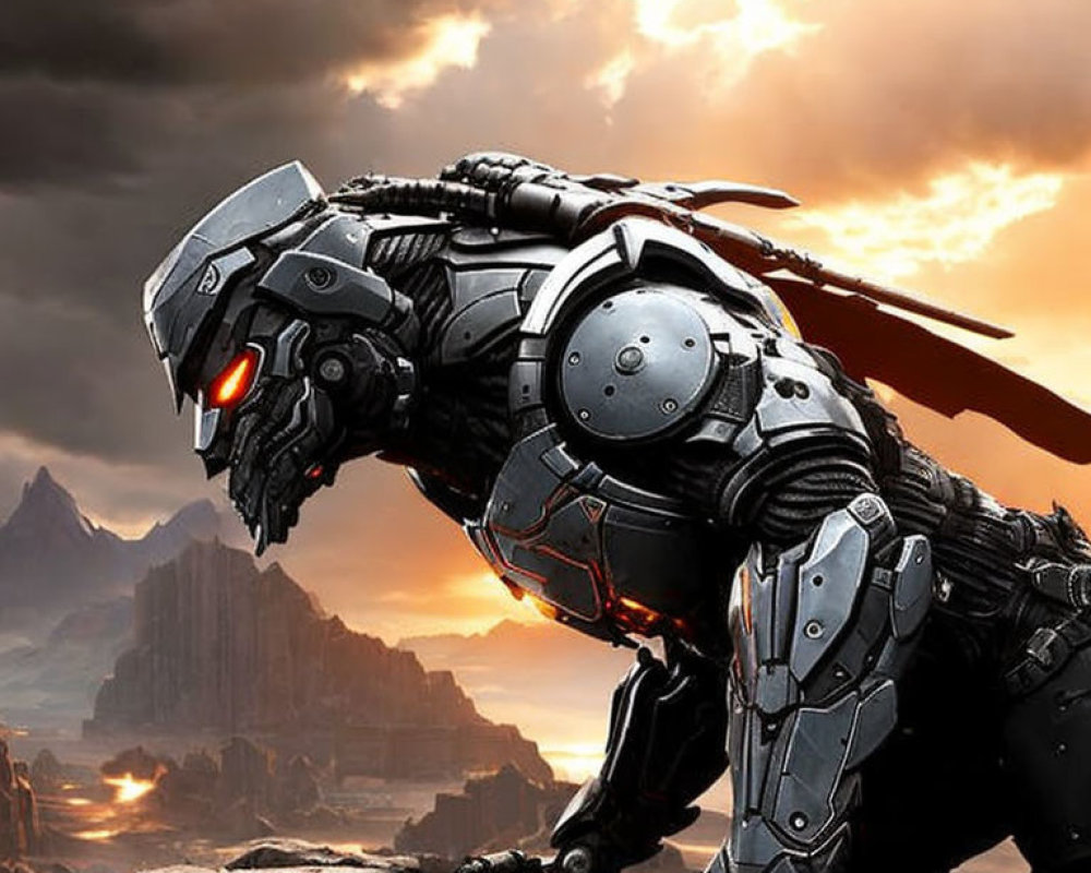 Metallic Robotic Panther with Red Eyes on Rocky Terrain at Dramatic Sunset