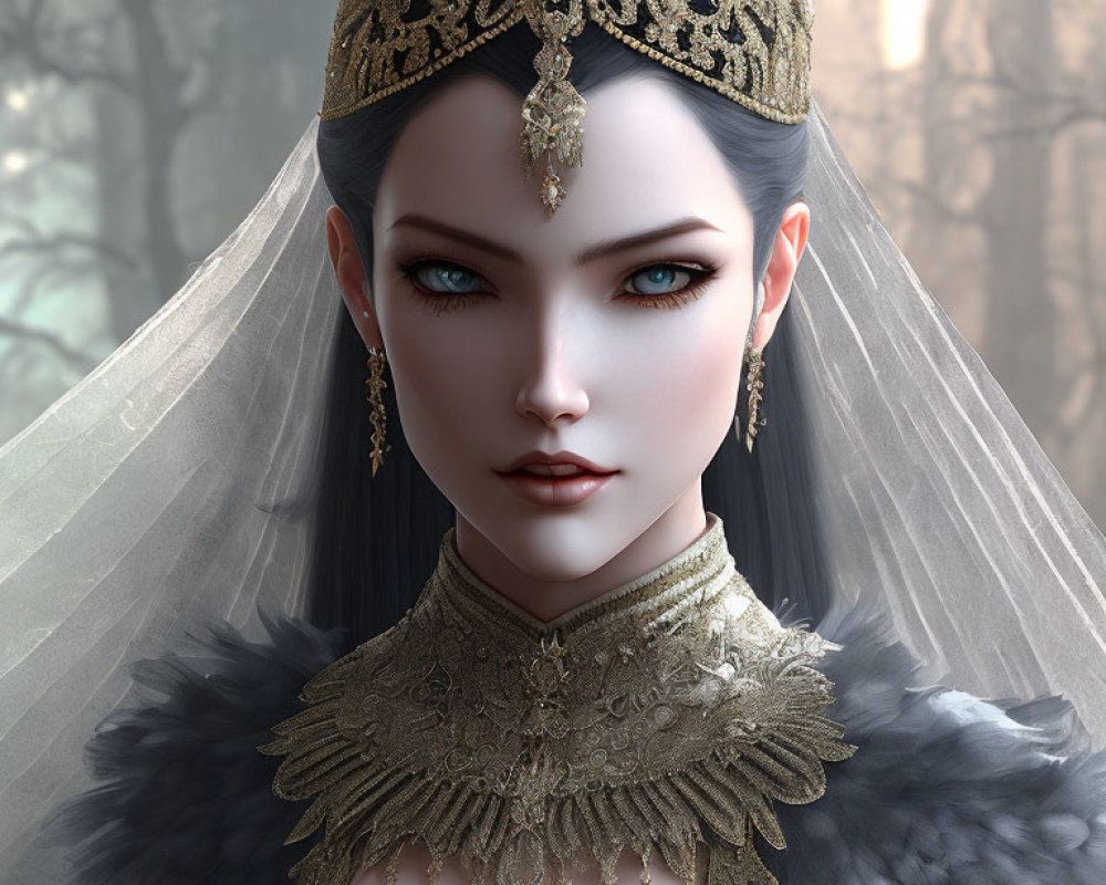 Regal woman with blue eyes in gold crown and black attire in misty forest