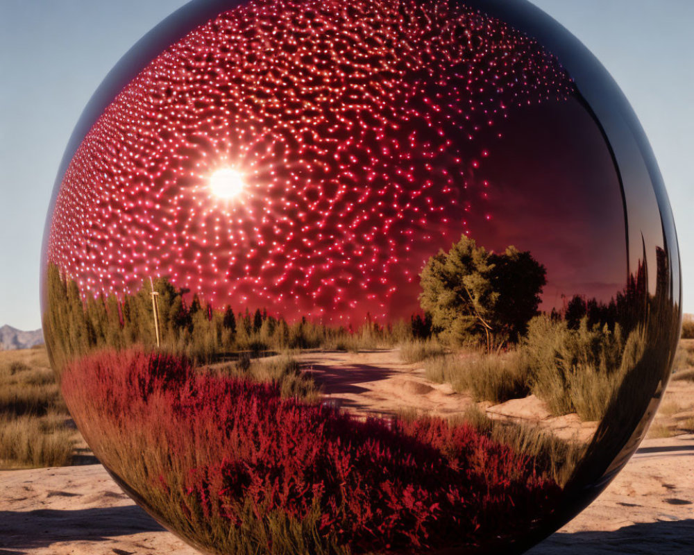 Reflective Sphere with Red Dots in Natural Landscape
