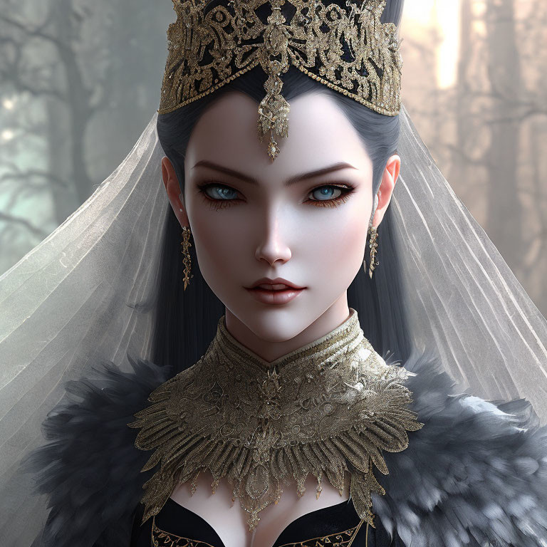 Regal woman with blue eyes in gold crown and black attire in misty forest
