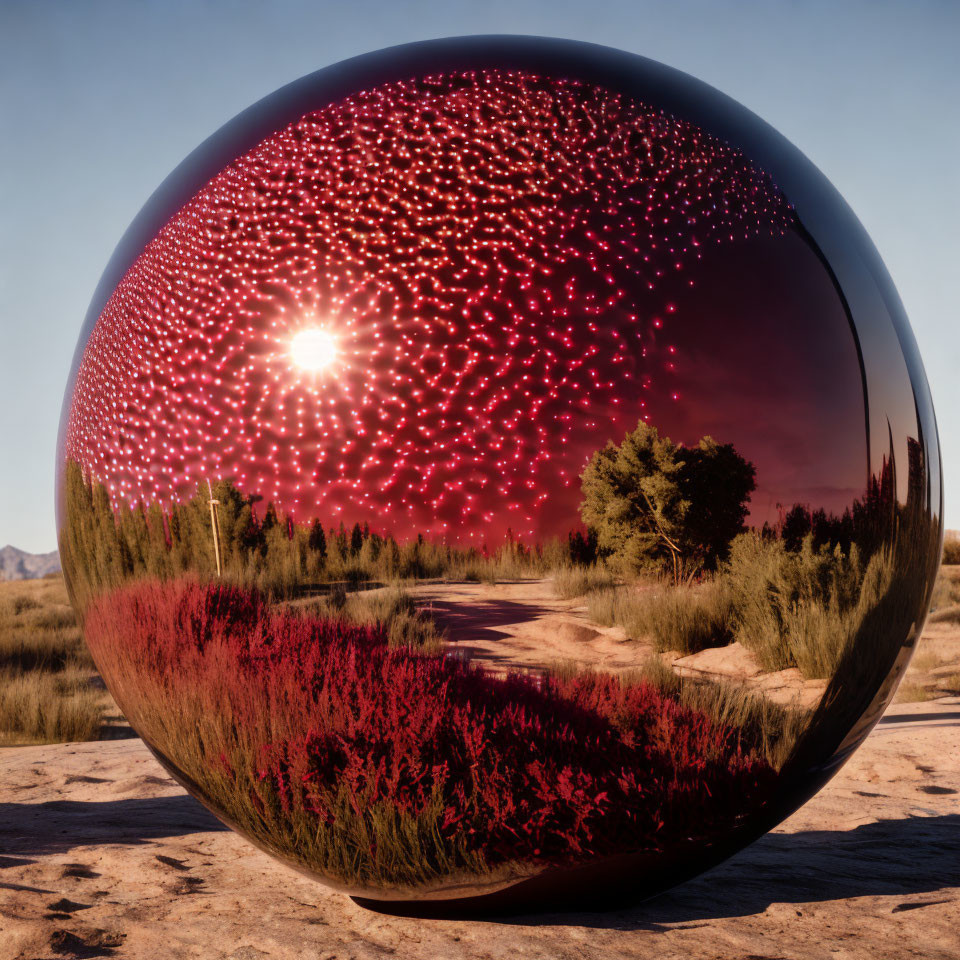 Reflective Sphere with Red Dots in Natural Landscape